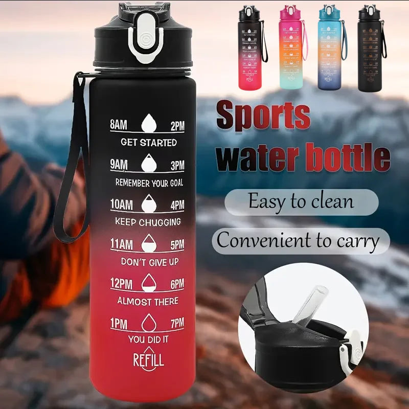 1L Sports Water Bottle with Time Marker & Straw Leakproof Flip Top Cap