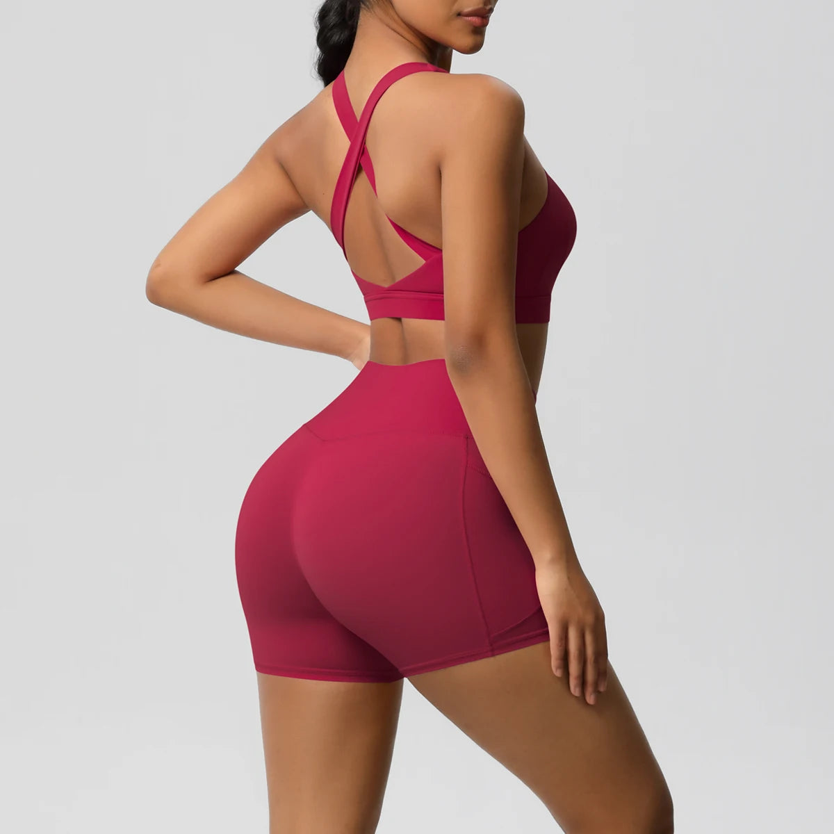 2 Piece Yoga Set Criss-Cross Sports Bra & High Waisted Pocket Shorts - Impact Core Fitness