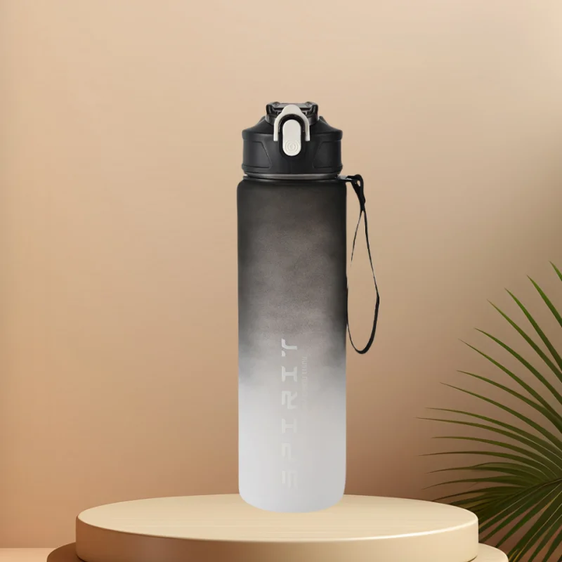 1L Sports Water Bottle with Time Marker & Straw Leakproof Flip Top Cap