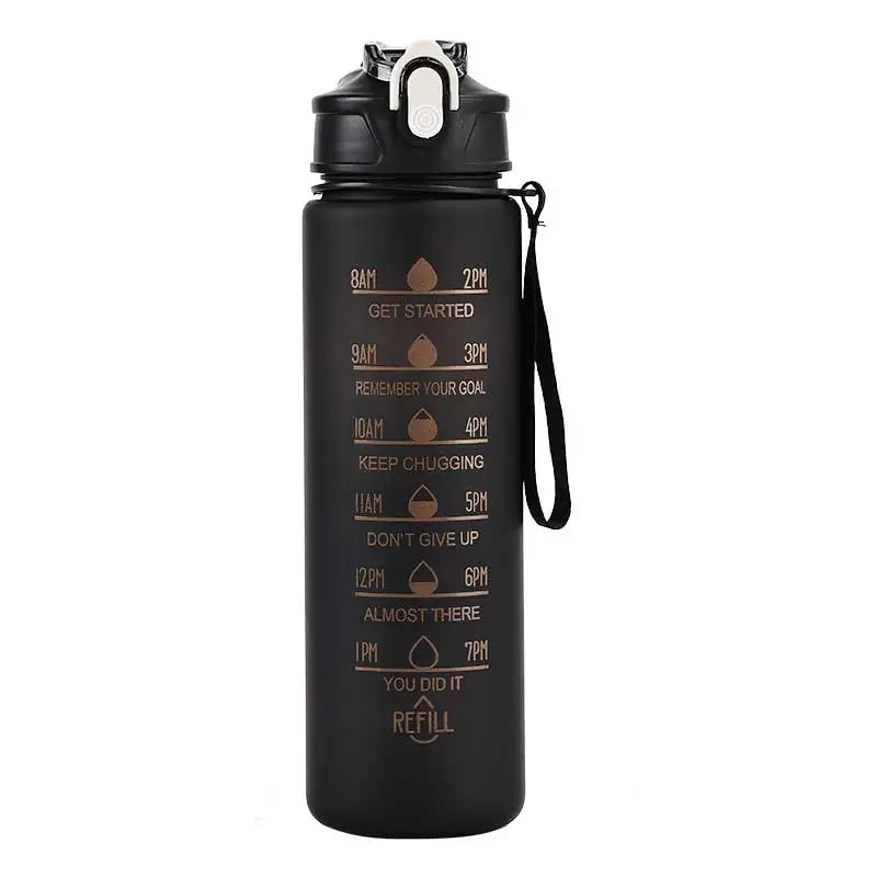 1L Sports Water Bottle with Time Marker & Straw Leakproof Flip Top Cap