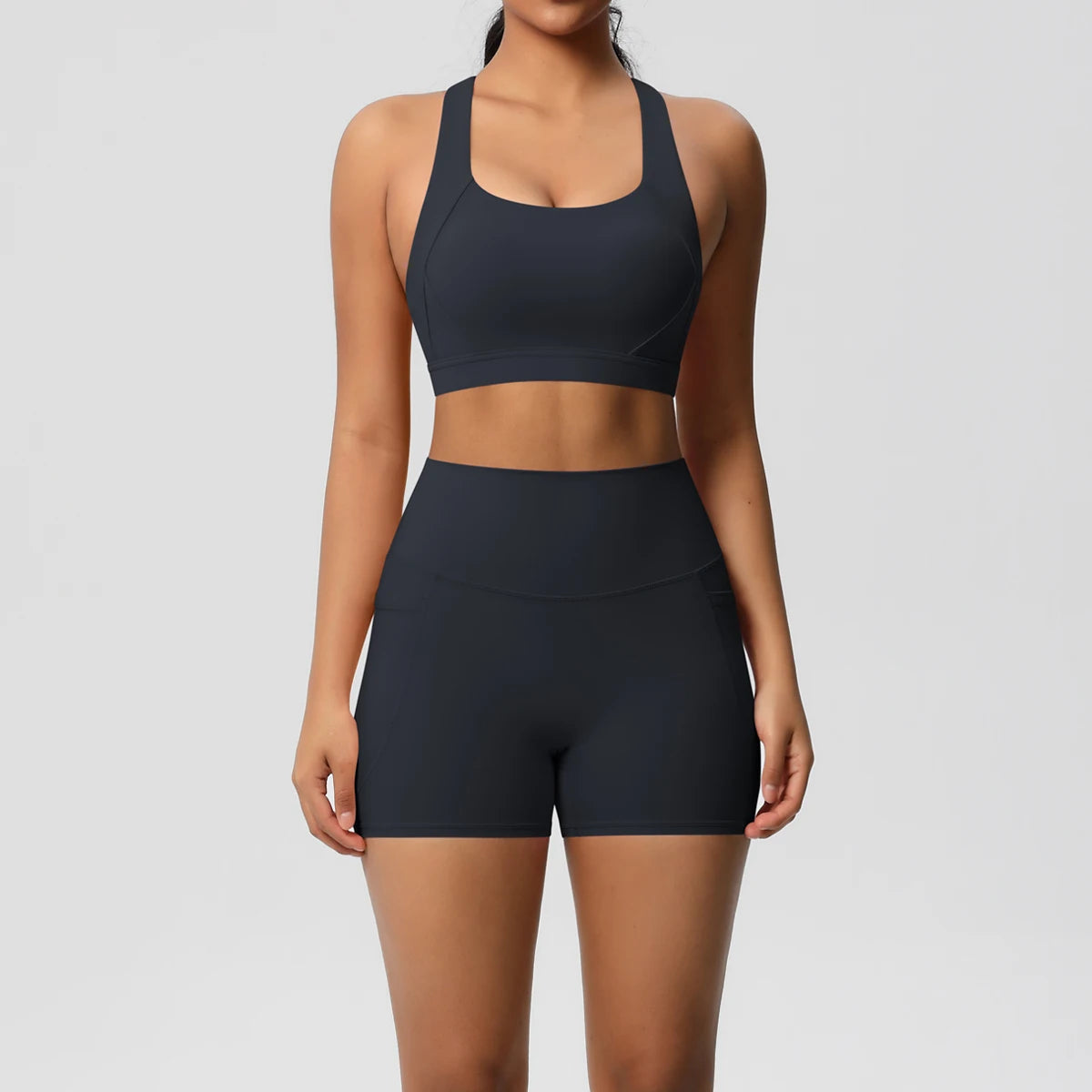 2 Piece Yoga Set Criss-Cross Sports Bra & High Waisted Pocket Shorts - Impact Core Fitness