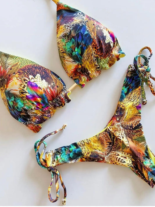 Exotic Print Adjustable Triangle Top & Tie Side Bikini Bottom Set - Impact Core Fitness