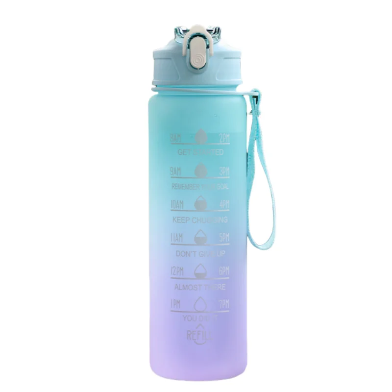 1L Sports Water Bottle with Time Marker & Straw Leakproof Flip Top Cap
