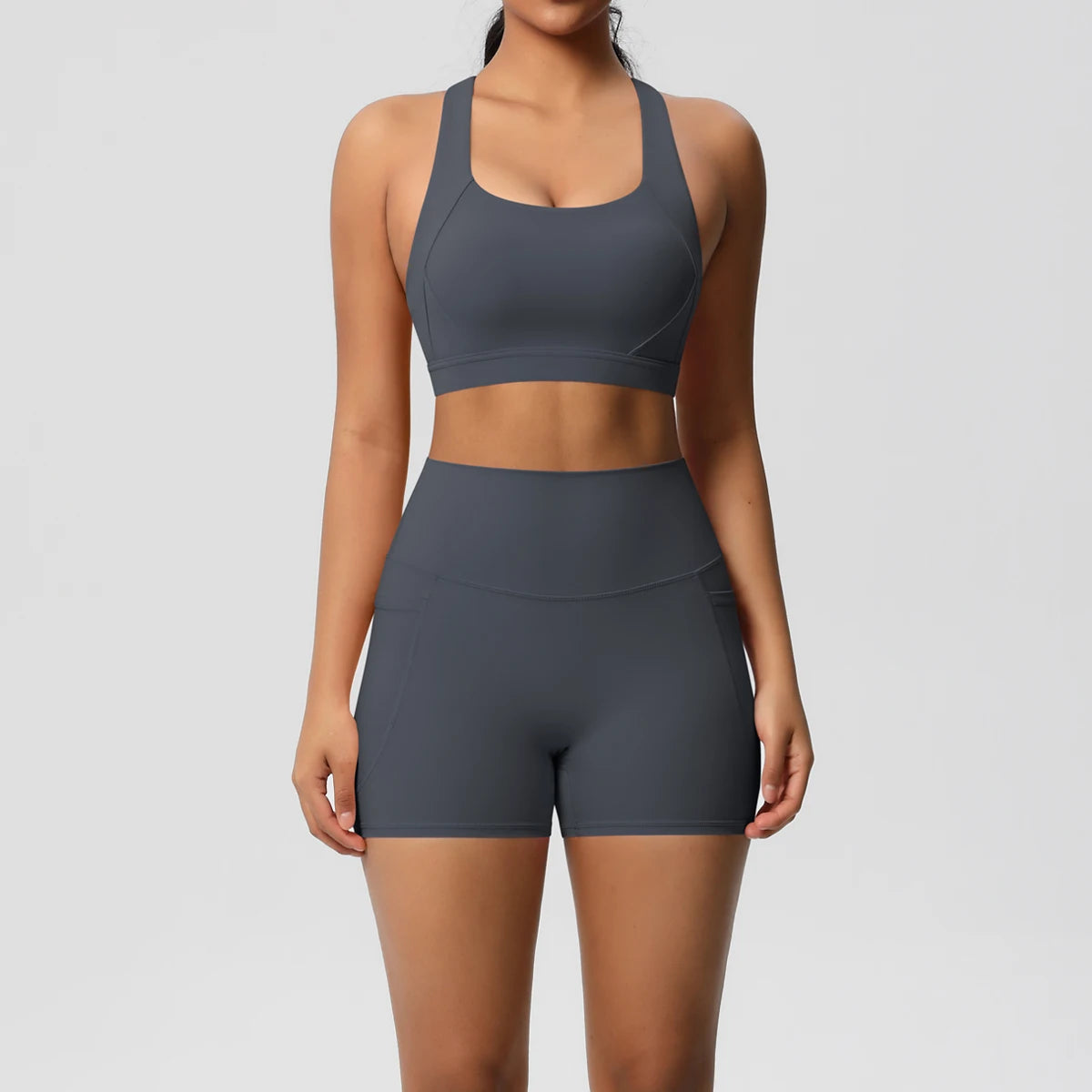 2 Piece Yoga Set Criss-Cross Sports Bra & High Waisted Pocket Shorts - Impact Core Fitness