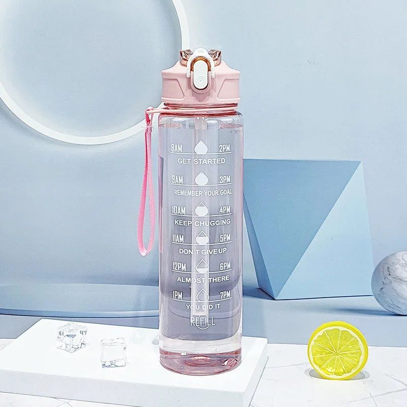 1L Sports Water Bottle with Time Marker & Straw Leakproof Flip Top Cap