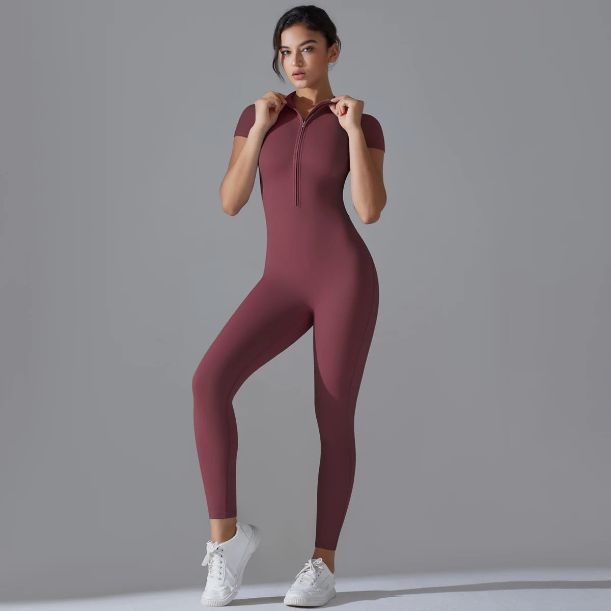 Women's Seamless Ribbed Bodysuit Short Sleeve Zipper Yoga Jumpsuit - Impact Core Fitness