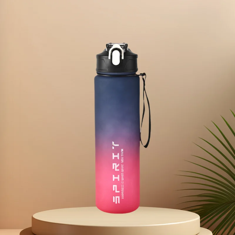 1L Sports Water Bottle with Time Marker & Straw Leakproof Flip Top Cap