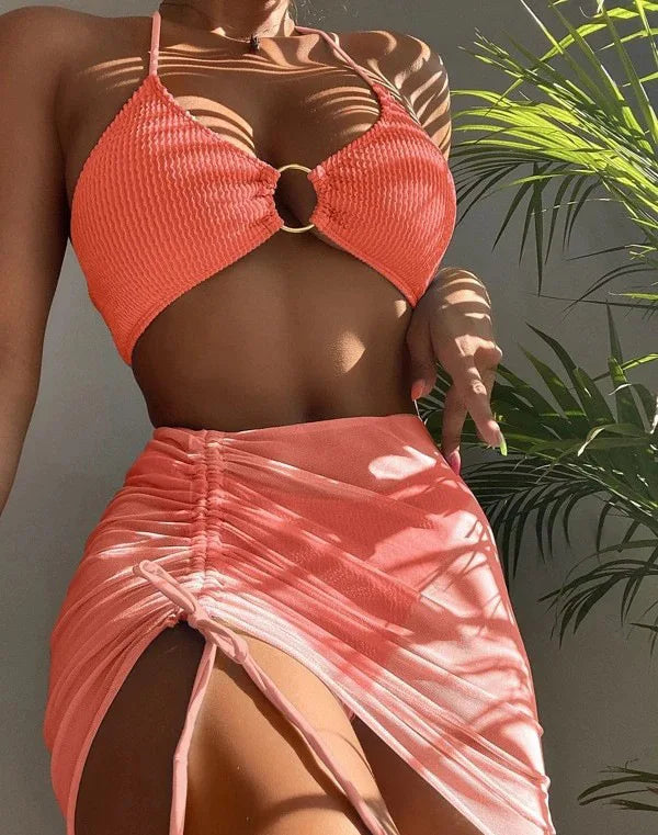New High Elastic Bikini Set for 2025 Summer Three-piece Solid Color Lace-up Sexy Women Swimsuit Beach Bathing Suit Swimwear - Impact Core Fitness