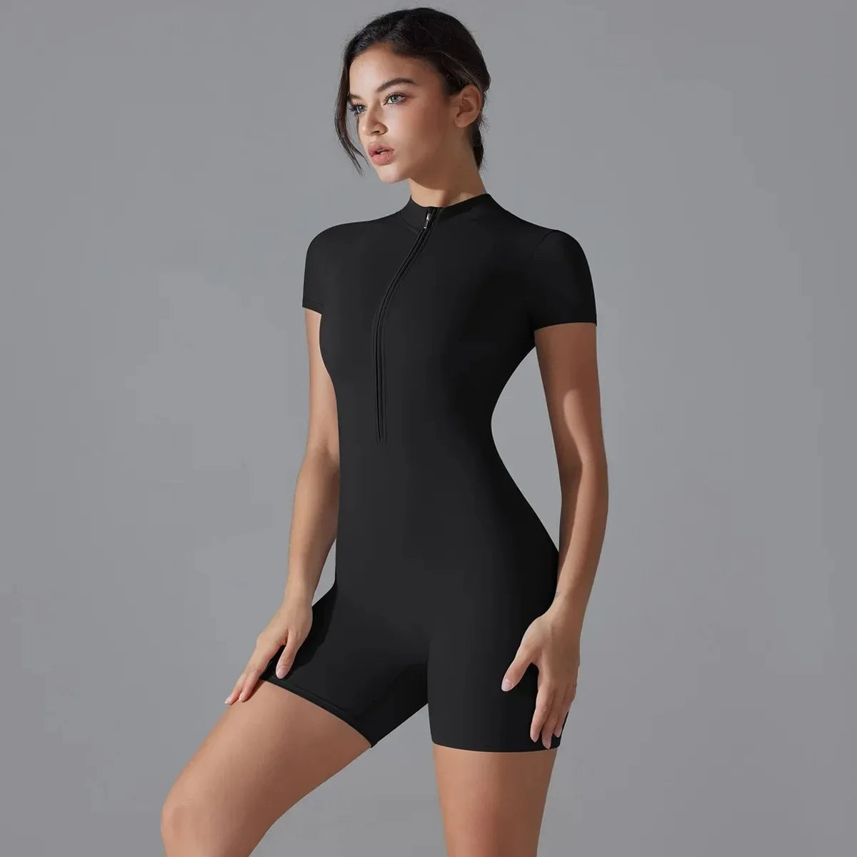 Women's Ribbed Zipper Bodysuit Short Sleeve Yoga & Fitness Jumpsuit - Impact Core Fitness