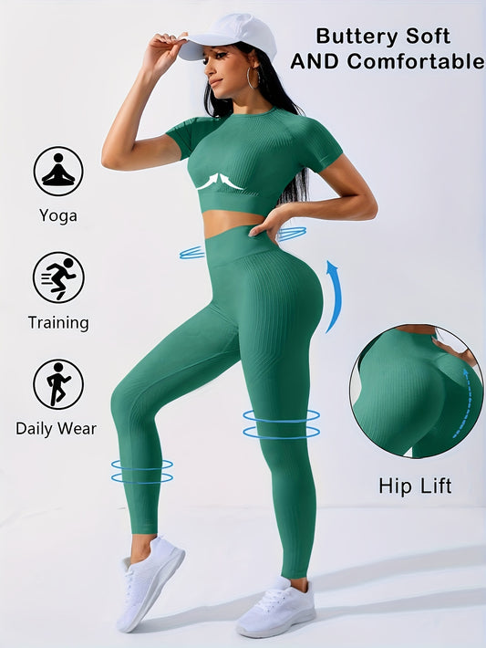 2-Piece Seamless Gym Set Short Sleeve Crop Top & High Waisted Leggings